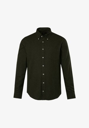 Tumma vihreä nappipaidan paita, pitkät hihat, vaaleat nappikoristeet, kaulukset, yksittäinen rintatasku, teksturoitu kangas.