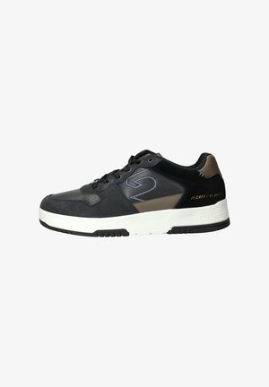 Black and gray athletic shoe with suede and leather materials, round toe, flat white rubber sole, and decorative stitching detail.