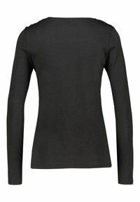 Maglietta nera a maniche lunghe realizzata in tessuto morbido. Presenta un collo a giro e un design aderente senza motivi o decorazioni visibili.