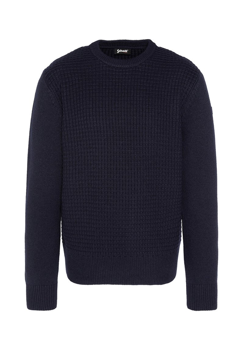 Dunkelblauer Strickpullover mit strukturiertem Muster, Rundhalsausschnitt, langen Ärmeln und gerippten Bündchen sowie Saum. Hergestellt aus einem weichen Stoff.