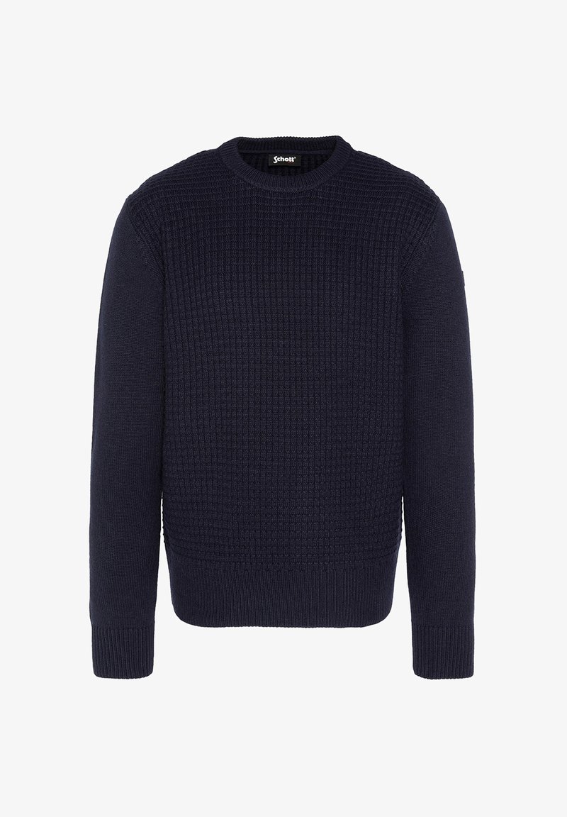 Dunkelblauer Strickpullover mit strukturiertem Muster, Rundhalsausschnitt, langen Ärmeln und gerippten Bündchen sowie Saum. Hergestellt aus einem weichen Stoff.