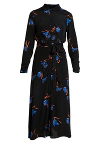 Robe noire à manches longues avec un devant à boutons, ornée de motifs floraux bleus et d'accents orange. Inclut une ceinture à la taille pour un style ajusté.