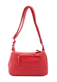 Borsa a spalla in pelle rossa con finitura testurizzata, tasca frontale con zip e tracolla regolabile. Forma arrotondata con bordi morbidi.