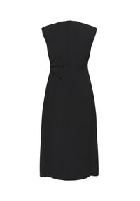 Crna haljina bez rukava s prilagođenim korzetom i A-linijom. Ima skriveni zatvarač straga i glatku, mat teksturu tkanine.