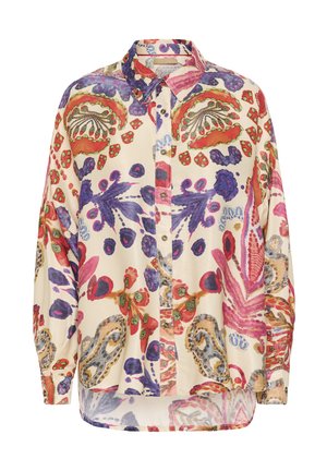 Garais piedurkņu pogājams blūze ar krāsainiem abstraktiem ziedu un paisley rakstiem sarkanos, violetos, zaļos un beigu toņos uz krēmveida fona.