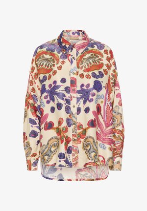 Garais piedurkņu pogājams blūze ar krāsainiem abstraktiem ziedu un paisley rakstiem sarkanos, violetos, zaļos un beigu toņos uz krēmveida fona.