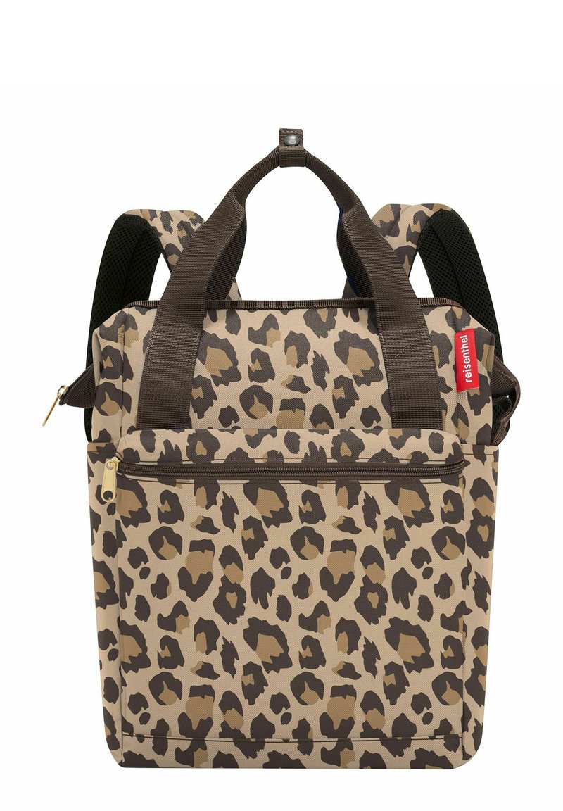 Borsa tote con stampa leopardata e dettagli marroni, in tessuto resistente, con manici corti e spallacci regolabili; dispone di una tasca frontale con zip.
