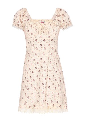 Cream short dress with puff sleeves, smocked waist, small floral and heart patterns, square neckline, and ruffled hem.