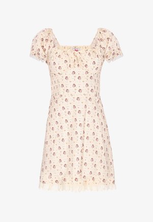 Cream short dress with puff sleeves, smocked waist, small floral and heart patterns, square neckline, and ruffled hem.