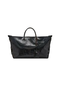 Borsa a tracolla in pelle nera con finitura lucida, due manici e una piccola tasca removibile. Presenta linee semplici e cuciture a contrasto.