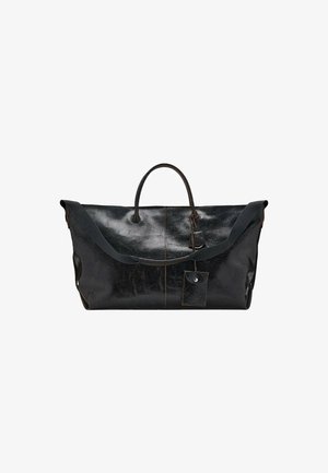 Sac fourre-tout en cuir noir avec une finition brillante, deux poignées et une petite poche amovible. Caractéristiques lignes simples et surpiqûres contrastées.