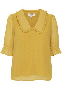 Gelbe Bluse mit einem strukturierten Punktmuster, Rüschensaum und kurzen Puffärmeln. Hergestellt aus leichtem, halbtransparentem Stoff.