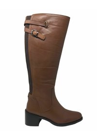 Stivale marrone in pelle al ginocchio con punta quadrata, tacco a blocco e pannello elastico laterale nero. Presenta una cintura decorativa e un dettaglio con fibbia.