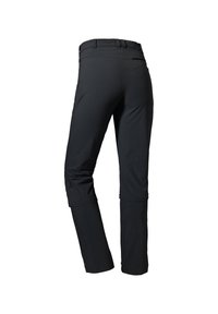 Schwarze Outdoor-Hosen aus leichtem, dehnbarem Stoff. Sie verfügen über eine glatte Textur, einen standardmäßigen Bund und tapered Beine mit hochrollbaren Säumen.