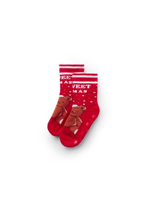 Red socks with white stripes at the cuff, featuring a teddy bear design and polka dots. Soft texture, mid-calf length.