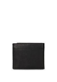 Portafoglio nero in pelle, design bifold con superficie testurizzata, bordi arrotondati e cuciture minime. Nessun hardware o accenti visibili.