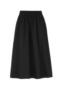 Black skirt with an elastic waistband, knee-length, made from a soft fabric with a smooth texture and a flowing silhouette.
