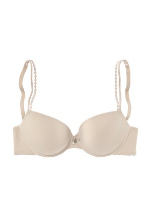 Beiger gepolsterter BH mit verstellbaren Spitzen-Trägern, glattem Stoff und dekorativen metallischen Akzenten in der Mitte vorne.