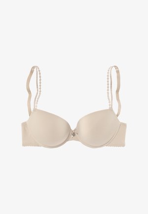 Beiger gepolsterter BH mit verstellbaren Spitzen-Trägern, glattem Stoff und dekorativen metallischen Akzenten in der Mitte vorne.