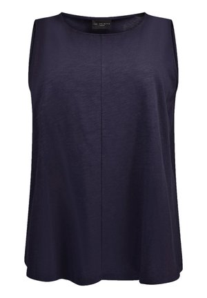 Ärmelloses navy Top aus leichtem Stoff, mit einem runden Halsausschnitt und einer subtilen Frontnaht. Gerader Saum mit seitlichen Drapierungen.