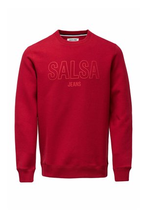Sweat-shirt rouge avec un col rond, des manches longues et des poignets côtelés. Présente le texte "SALSA JEANS" en couleur contrastante sur le devant.