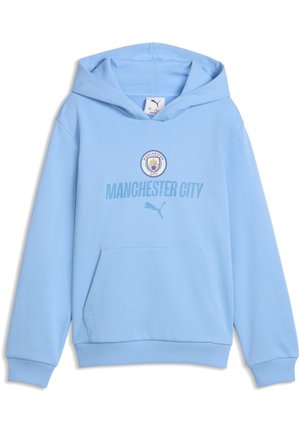 Felpa con cappuccio azzurro chiaro con logo Manchester City, testo, logo Puma, maniche lunghe e tasca frontale a marsupio.