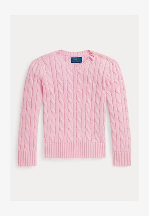 Suéter tricotado rosa com um design de ponto cordão, punhos e barra canelados, com dois botões no ombro e um pequeno logótipo bordado.