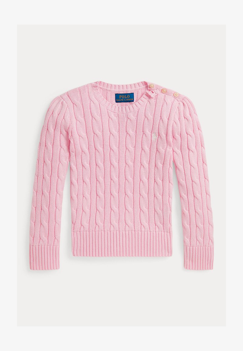 Rozā adīta džemperis ar kabeli adīšanas dizainu, ribotiem piedurknēm un apkakli, divām pogām uz pleca un mazu izšūtu logotipu.