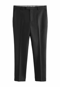 Schwarze maßgeschneiderte Hose aus einem glatten Material. Verfügt über ein flaches Vorderdesign, Gürtelschlaufen und Seitentaschen. Saubere, gerade geschnittene Beine.