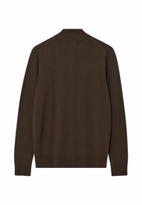 Brauner Strickpullover, Kragen-design, lange Ärmel, gerippte Bündchen und Saum, glatte Textur, keine sichtbaren Muster oder Beschläge. Rückansicht.