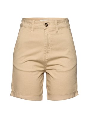 Beige cotton shorts with a high waist, a front button closure, stitched creases, and rolled cuffs. Smooth texture with side pockets.