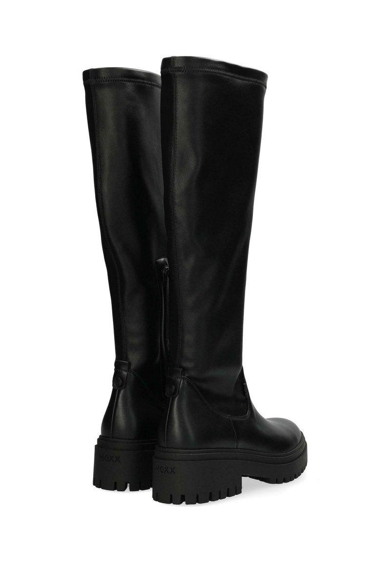 Schwarze kniehohe Stiefel aus glattem Leder, mit runder Zehenpartie, dickem Gummisohle und einem seitlichen Reißverschluss zur Anpassung.