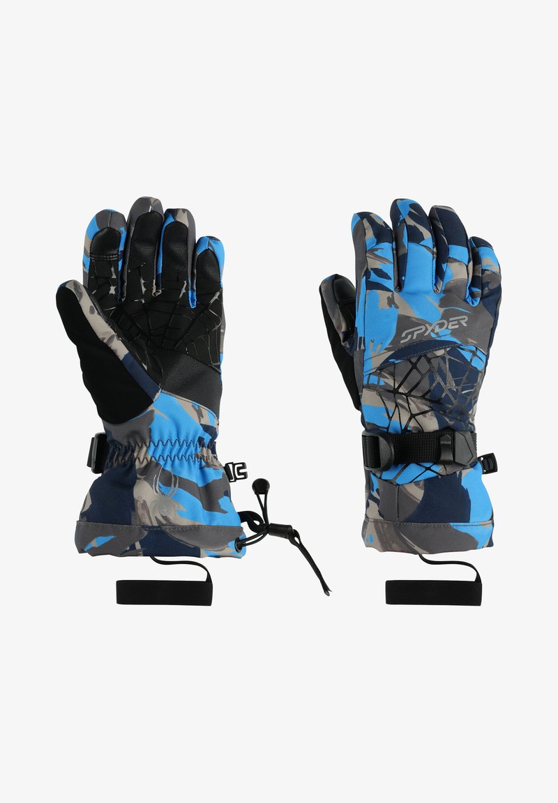 Gants de ski camouflés bleus et gris avec une paume noire texturée, une sangle de poignet ajustable et un poignet élastique avec cordon de serrage pour un ajustement sécurisé.