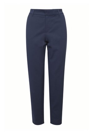Pantaloni da donna sartoriali blu navy con passanti per cintura e silhouette a gamba affusolata.
