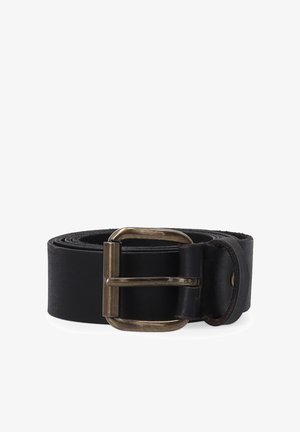 Czarny skórzany pasek o szerokim дизайне, z metalową klamrą w postarzałym wykończeniu mosiądzu. Gładka tekstura z subtelnym detalem przeszycia.