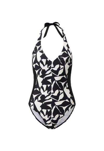 Maillot de bain une pièce noir et blanc à motifs avec un col en V, fermeture à nouer autour du cou et une silhouette ajustée, présentant une texture de tissu lisse.