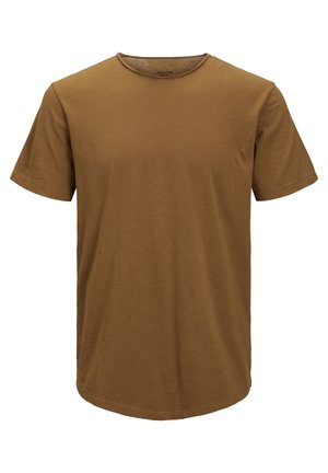 Effen bruine T-shirt met korte mouwen en ronde hals, met licht gebogen zoom, gemaakt van zacht materiaal.