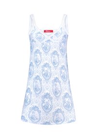 Lightweight cotton nightdress with blue floral pattern on a white background, featuring a V-neckline and spaghetti straps.
