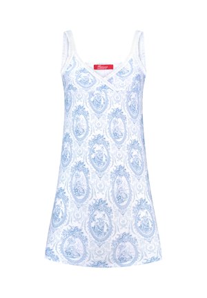 Lightweight cotton nightdress with blue floral pattern on a white background, featuring a V-neckline and spaghetti straps.