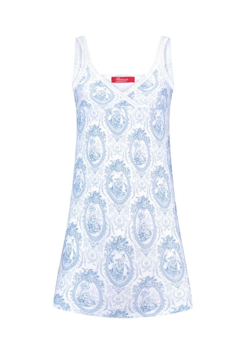 Lightweight cotton nightdress with blue floral pattern on a white background, featuring a V-neckline and spaghetti straps.