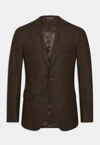 Blazer marrone a spina di pesce con revers a lancia, due bottoni, taschino sul petto e foderato in satin, caratterizzato da una vestibilità tailored.