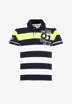 Gestreiftes Poloshirt in Marineblau, Weiß und Neon-Grün. Verfügt über einen Kragen, eine Knopfleiste und bedruckte Grafiken auf der Vorderseite. Kurze Ärmel.