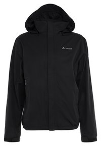 Black waterproof jacket with a hood, featuring a front zip, elastic cuffs, and a logo on the upper left side. Smooth texture and lightweight design.