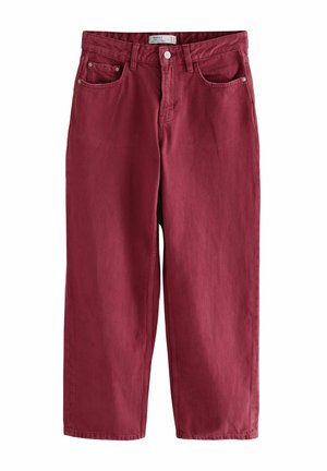 Red baggy jeans made of cotton, featuring a button closure, two front pockets, and a clean finish along the hems, with minimal visible stitching.