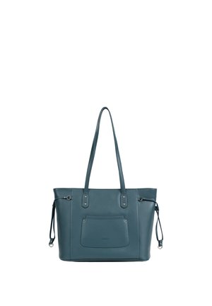 Sac cabas en cuir bleu sarcelle avec longues bandoulières, poche avant, cordons latéraux et ferrures argentées sur fond blanc.