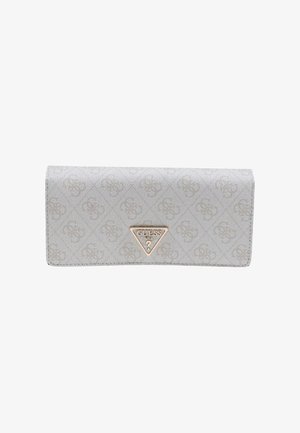 Portafoglio Guess grigio chiaro con motivo a logo ripetuto e emblema triangolare dorato Guess USA al centro della patta frontale.