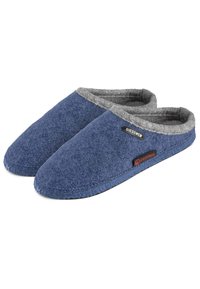 Blauwe vilten slippers met een grijze stoffen voering, ronde teenontwerp en een gestructureerde zool. Bevat merklabel aan de zijkant.