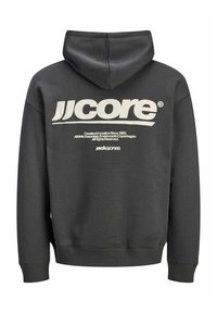 Mørkegrå hættetrøje med hvid "JJcore"-logo og tekst på ryggen, ribkant ved ærmer og kant.