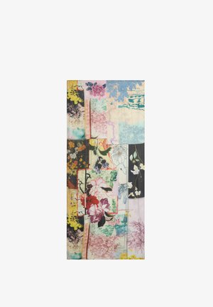Rektangulært stof med et collage af blomsterprints i pastelrosa, blå, gul, rød og sorte felter med blade og blomster.