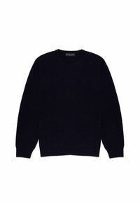 Marinefarbener Rundhalspullover aus weichem Stoff. Mit langen Ärmeln, normaler Passform und gerippten Bündchen.